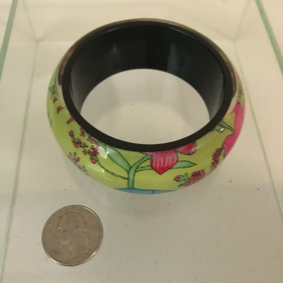 Vtg Lucite Bangle Bright Green Floral Wide Heavy - Picture 7 of 10
